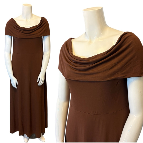 ELOQUII On or Off Shoulder Brown Maxi Dress Ruched Stretch Knit, Plus 18 - Picture 2 of 16